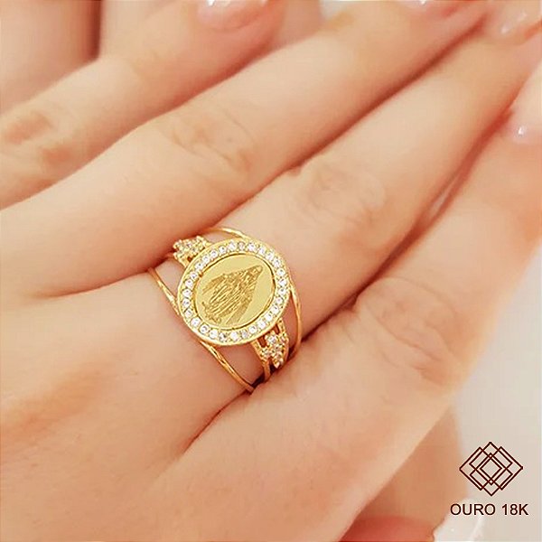 Anel Nossa Senhora Das Graças Ouro 18k Zircônia