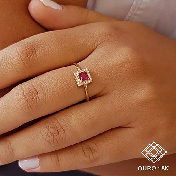Anel Quadrado Ouro 18k Zircônia