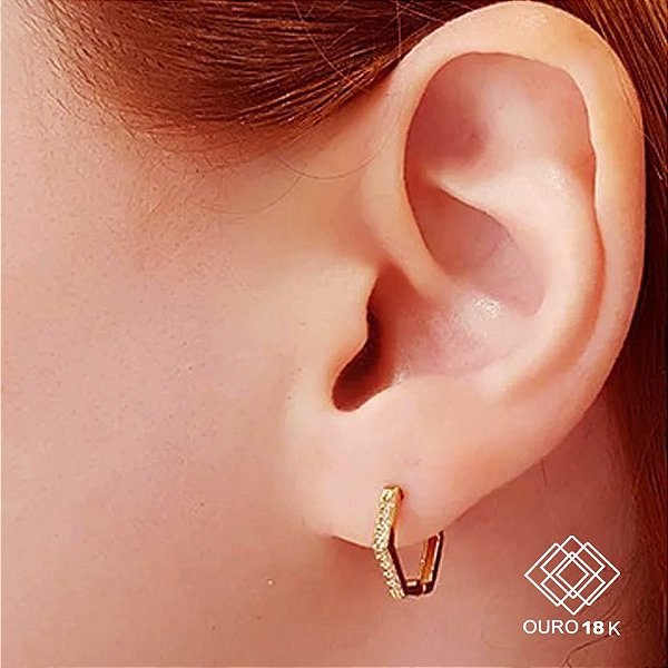 Brinco Argola Sextavado Ouro 18k Zircônia