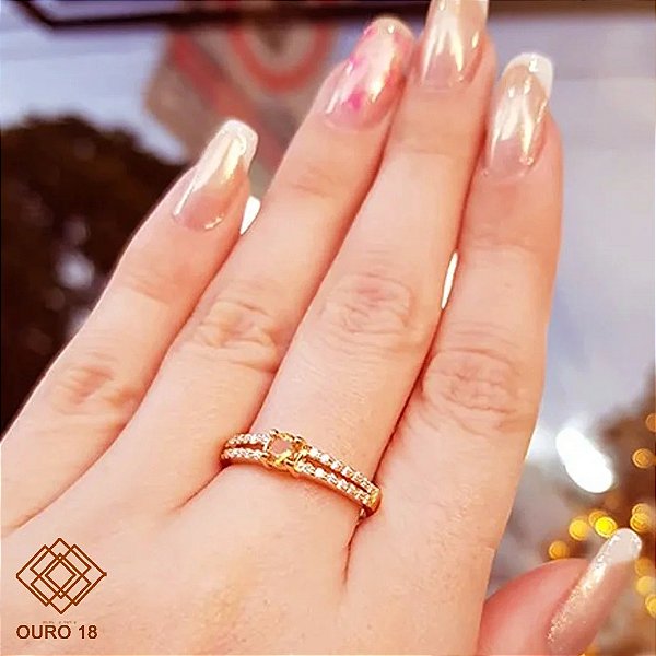 Anel Solitário Ouro 18k Citrino e Diamante Laboratório