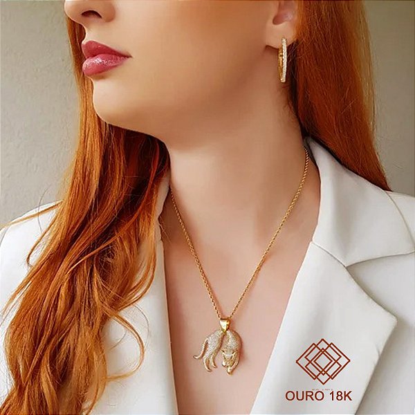 Kit Cordão Ouro 18k + Pingente Pantera  Ouro 18k Zircônias