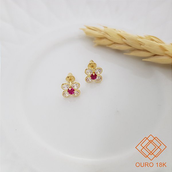 Brinco Flor Ouro 18k Zircônias