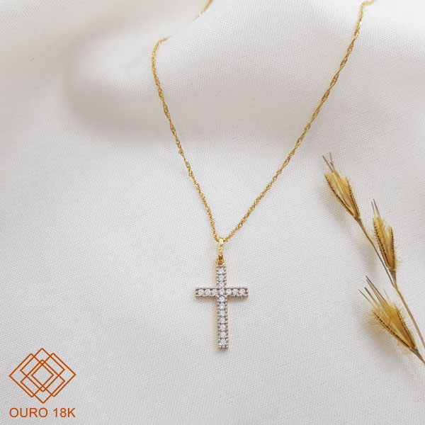 Kit Cordão + Pingente Cruz Ouro 18k Zircônia