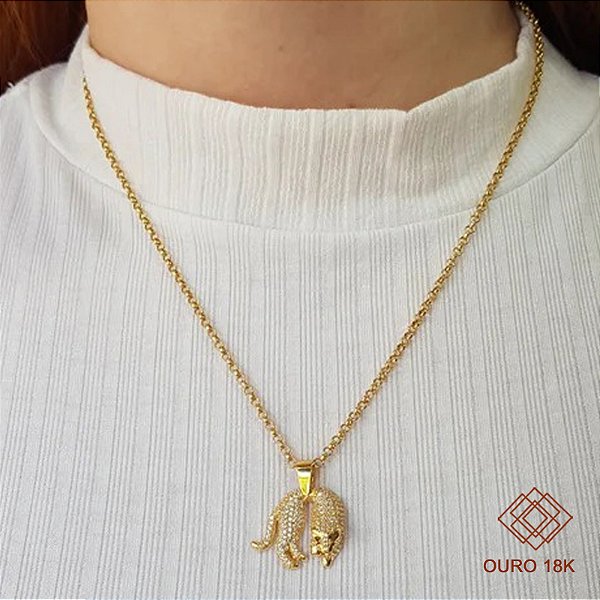 Kit Cordão Ouro 18k + Pingente Pantera  Ouro 18k Zircônias