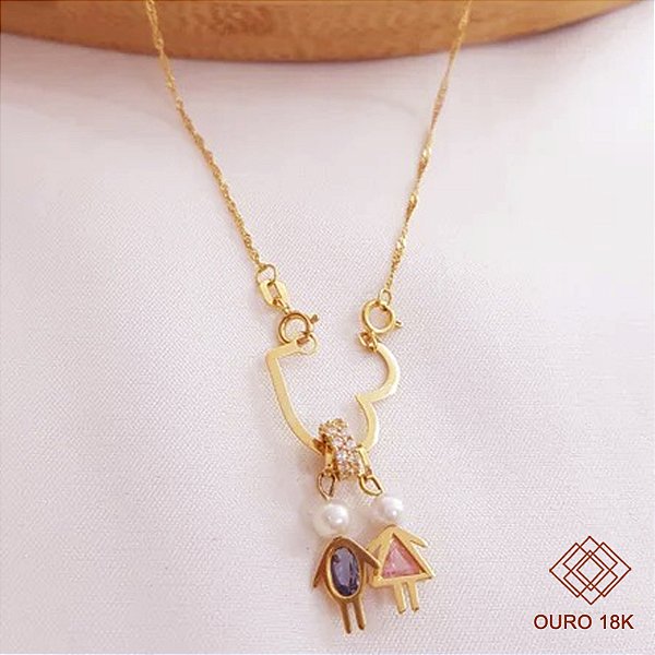 Kit Cordão Ouro 18k +Pingente Coração Filhos Ouro 18k Zircônia