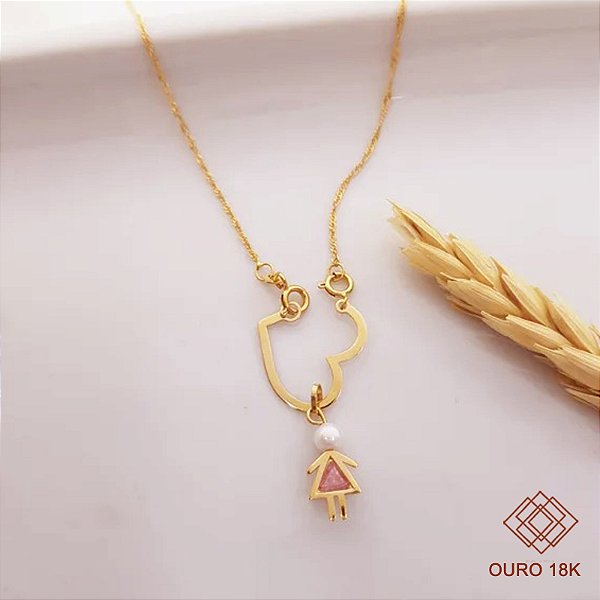 Kit Cordão Ouro 18k +Pingente Coração Filha Ouro 18k Zircônia