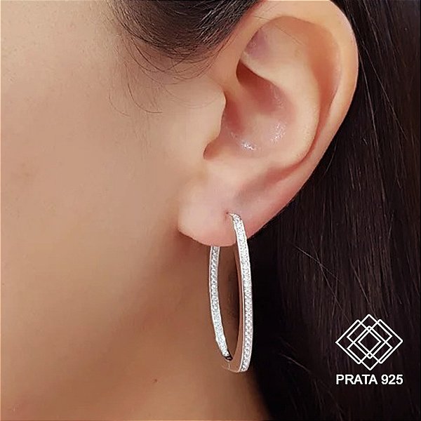 Brinco Argola Quadrada em Prata 925 Zircônias