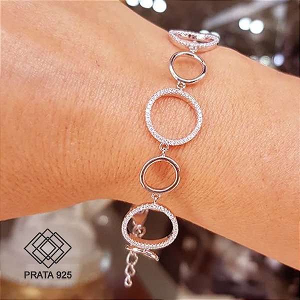 Pulseira Círculos Prata 925 Zircônias