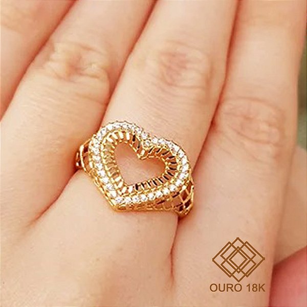 Anel Coração Vazado Ouro 18k Zircônias