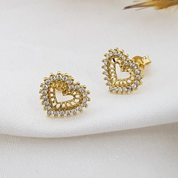 Brinco Coração Vazado Ouro 18k Zircônias