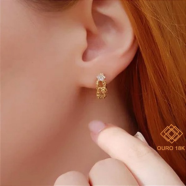 Brinco Flor Filigrana Ouro 18k Zircônias