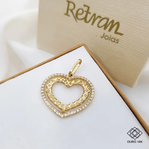 Pingente Coração Filigrana Ouro 18k Zircônias