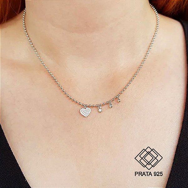 Gargantilha Coração Prata 925 Zircônias