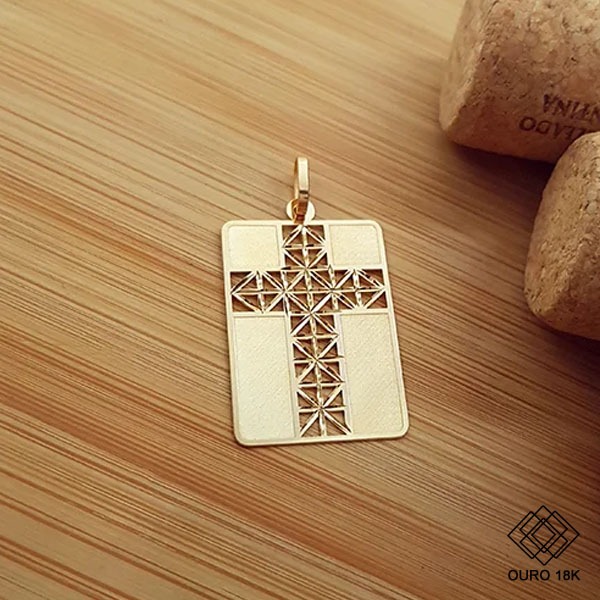 Pingente Cruz Placa Ouro 18k
