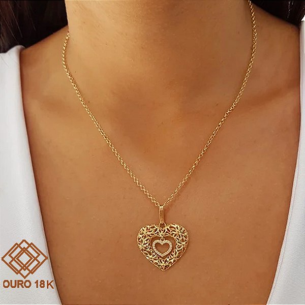 Kit Cordão + Pingente Coração Diamantado Ouro 18k Zircônias