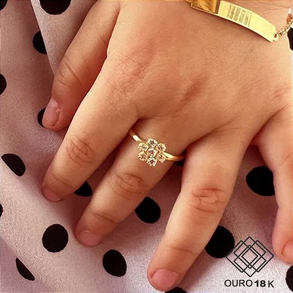Anel Infantil Flor Ouro 18k Zircônias