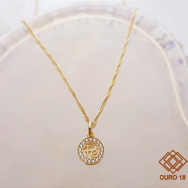 Kit Cordão + Pingente Fé Ouro 18k Zircônias