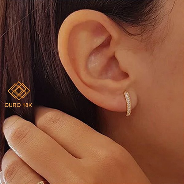 Brinco Meia Argola Ouro 18k Zircônias