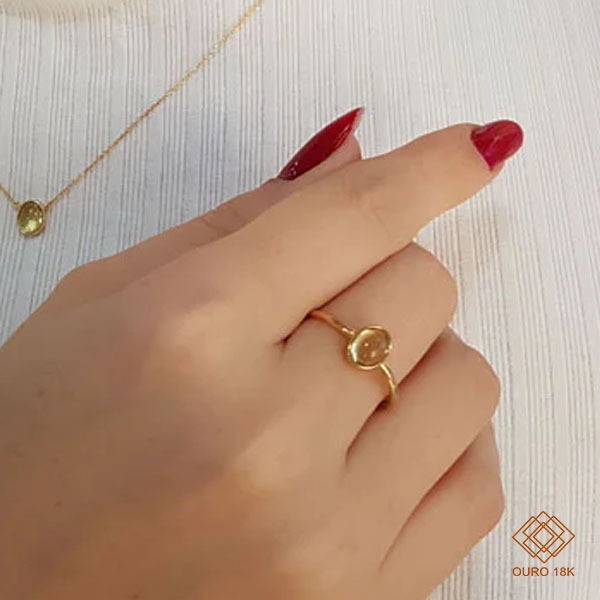 Anel Solitário Ouro 18k Cabochão Quartzo Gren Gold