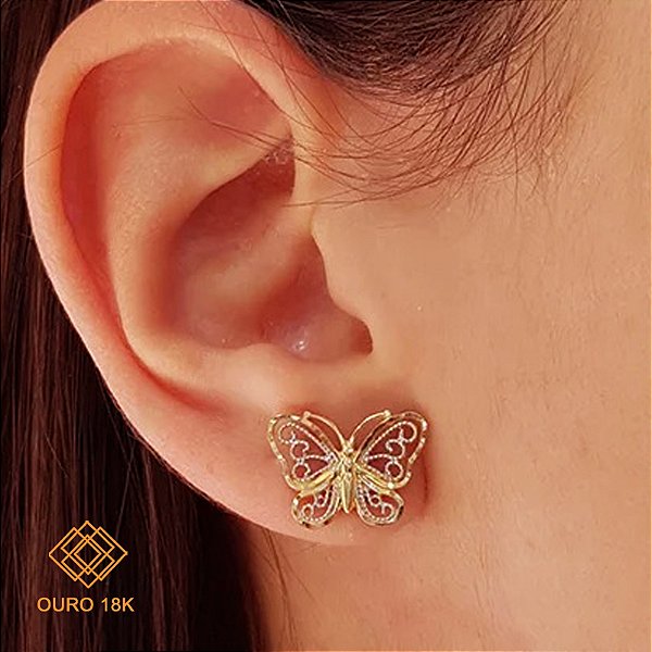 Brinco Borboleta Ouro 18k e Ródio Branco