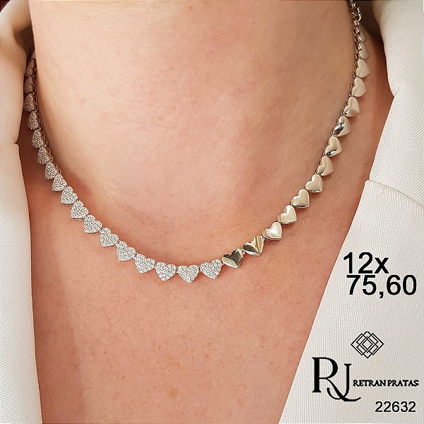 Choker Corações Prata 925 Zircônias