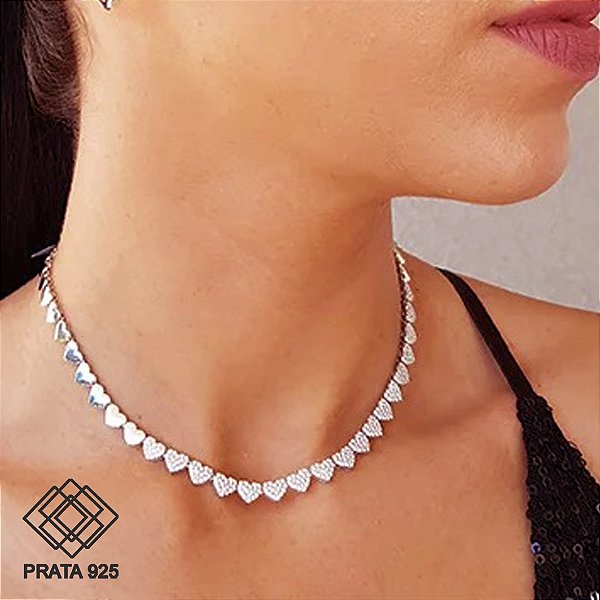 Choker Corações Prata 925 Zircônias