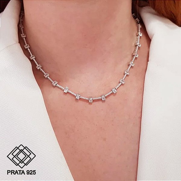 Gargantilha Baguete Prata 925 Zircônias