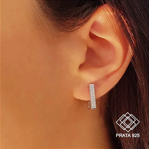 Brinco Argola Retangular Prata 925 Zircônias
