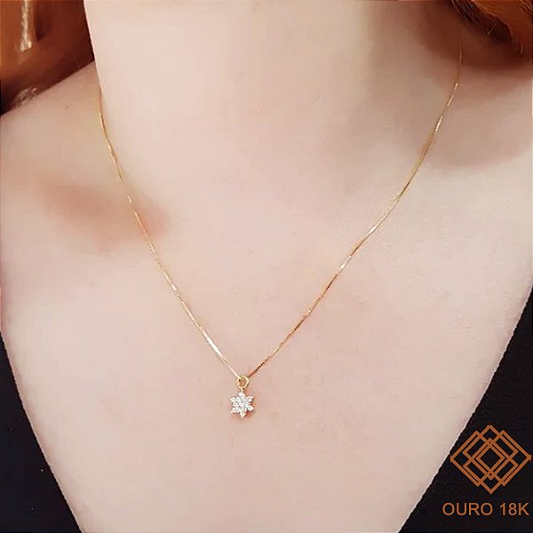 Kit Cordão + Pingente Estrela Ouro 18k Zircônias