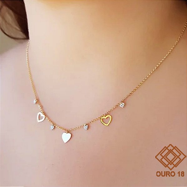 Gargantilha Corações Ouro 18k Zircônias