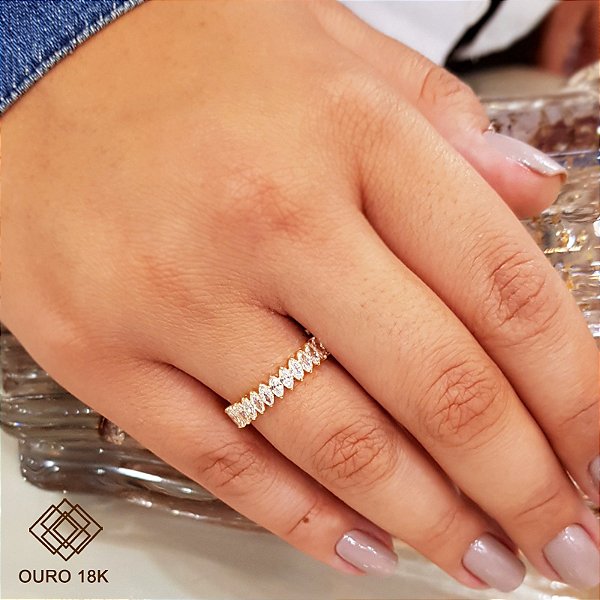 Anel Navete Inteira Ouro 18k Brilhante Moissanite