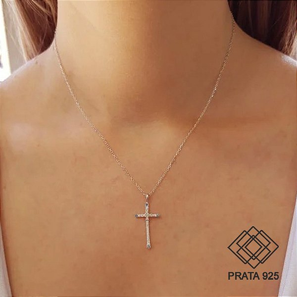 Gargantilha Cruz Prata 925 Zircônias