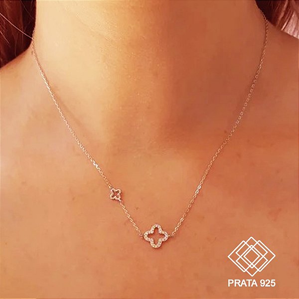 Gargantilha Trevos Quatro Folhas Prata 925 Zircônias
