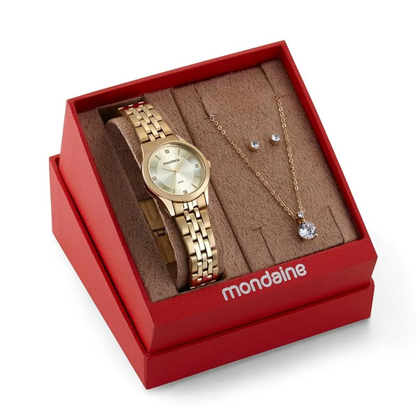 Kit Relógio Mondaine Feminino Cristais Dourado