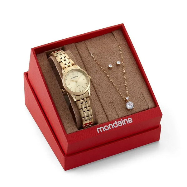 Kit Relógio Mondaine Feminino Clássico Dourado