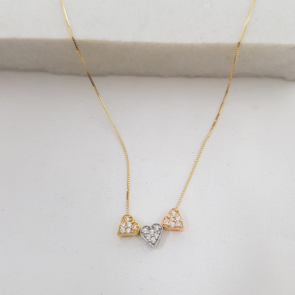Gargantilha Corações Três Tons Ouro 18k Zircônias