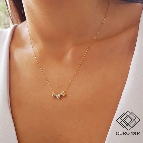 Gargantilha Corações Três Tons Ouro 18k Zircônias
