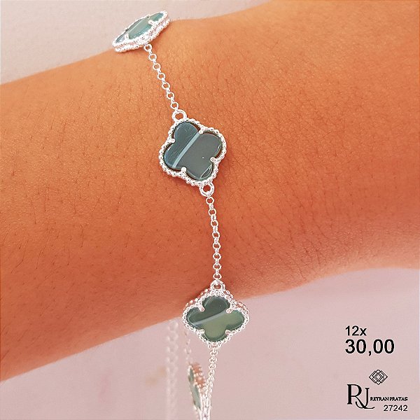 Pulseira Trevo Quatro Folhas Prata 925 Pedra Natural