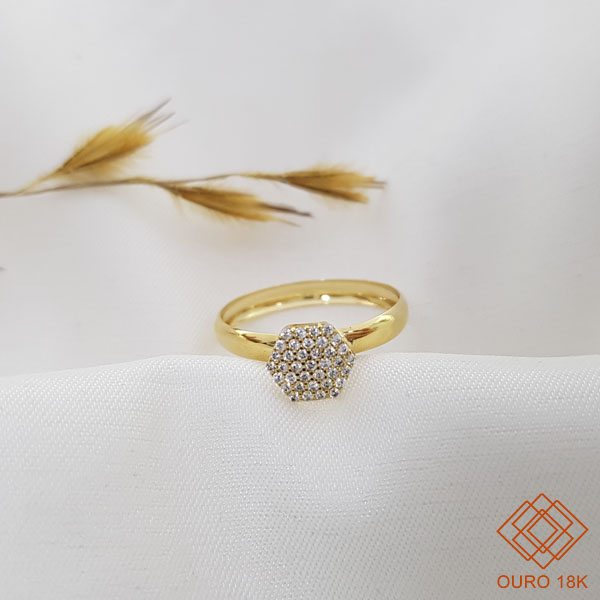 Anel Chuveiro Sextavado Ouro 18k Zircônias