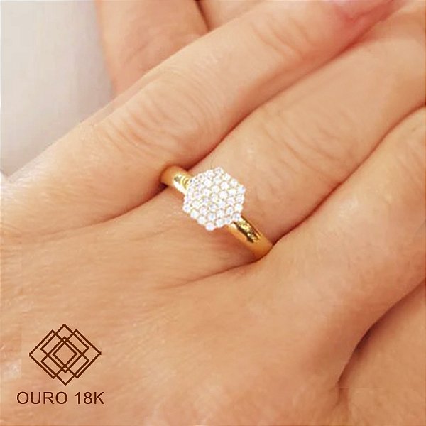 Anel Chuveiro Sextavado Ouro 18k Zircônias