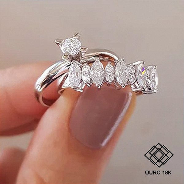 Kit Anel Solitário Ouro Branco 18k + Anel Navete Ouro Branco 18k Diamante Cultivado