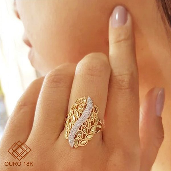 Anel Folhas Ouro 18k com Ródio Branco Zircônias