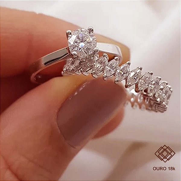 Kit Anel Solitário Ouro Branco 18k + Anel Navete Inteira Ouro Branco 18k Brilhante Moissanite