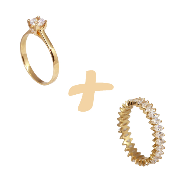 Kit Anel Solitário Ouro 18k + Anel Navete Inteira Ouro 18k Brilhante Moissanite
