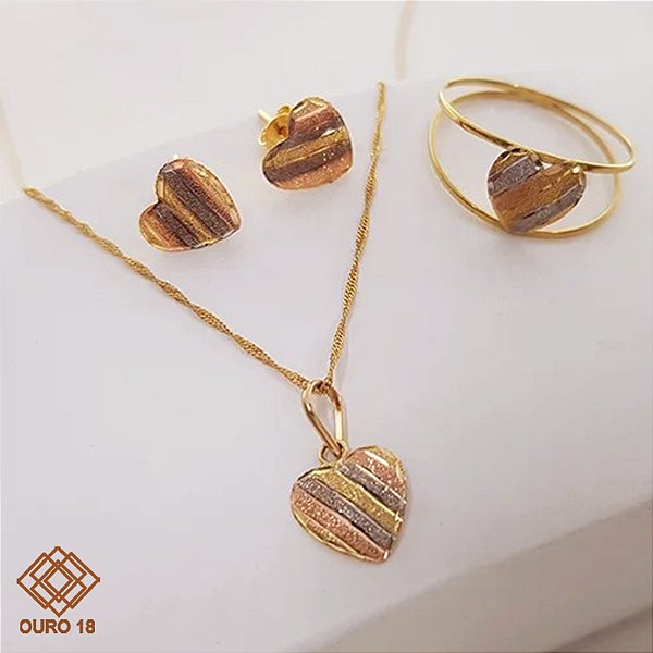 Kit Coração 3 Cores Ouro 18k Anel + Gargantilha + Brinco