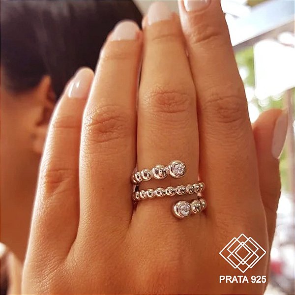 Anel Esferas Prata 925 Zircônias