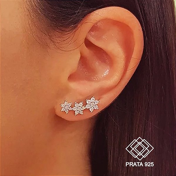 Brinco Ear Cuff Flores Prata 925 Zircônias