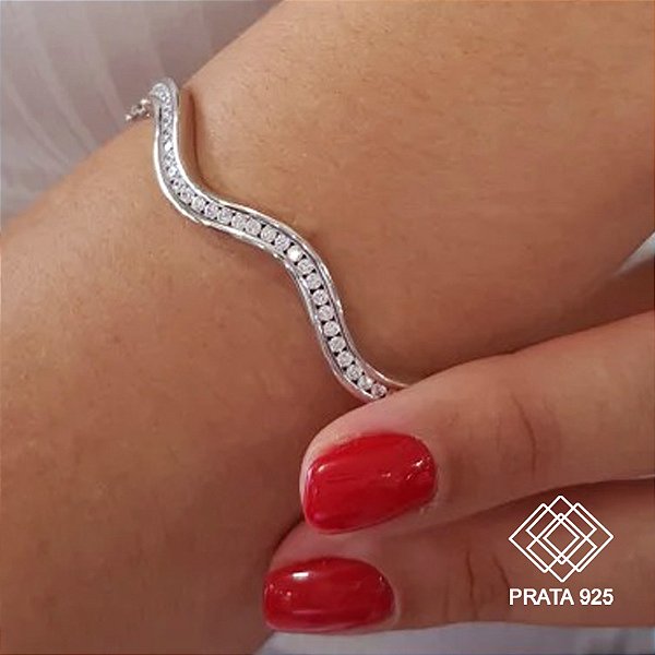 Bracelete Ondas Prata 925 Zircônias