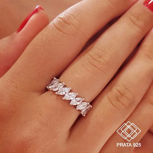 Anel Navete Prata 925 Zircônias