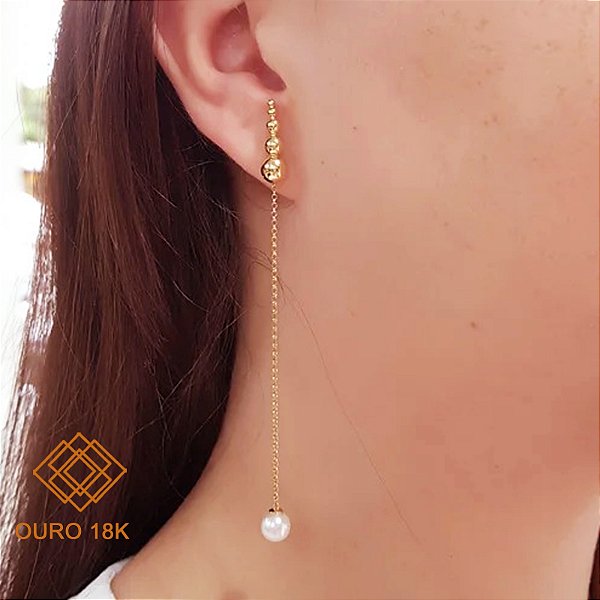 Brinco Alongado Esferas e Pérolas Ouro 18k